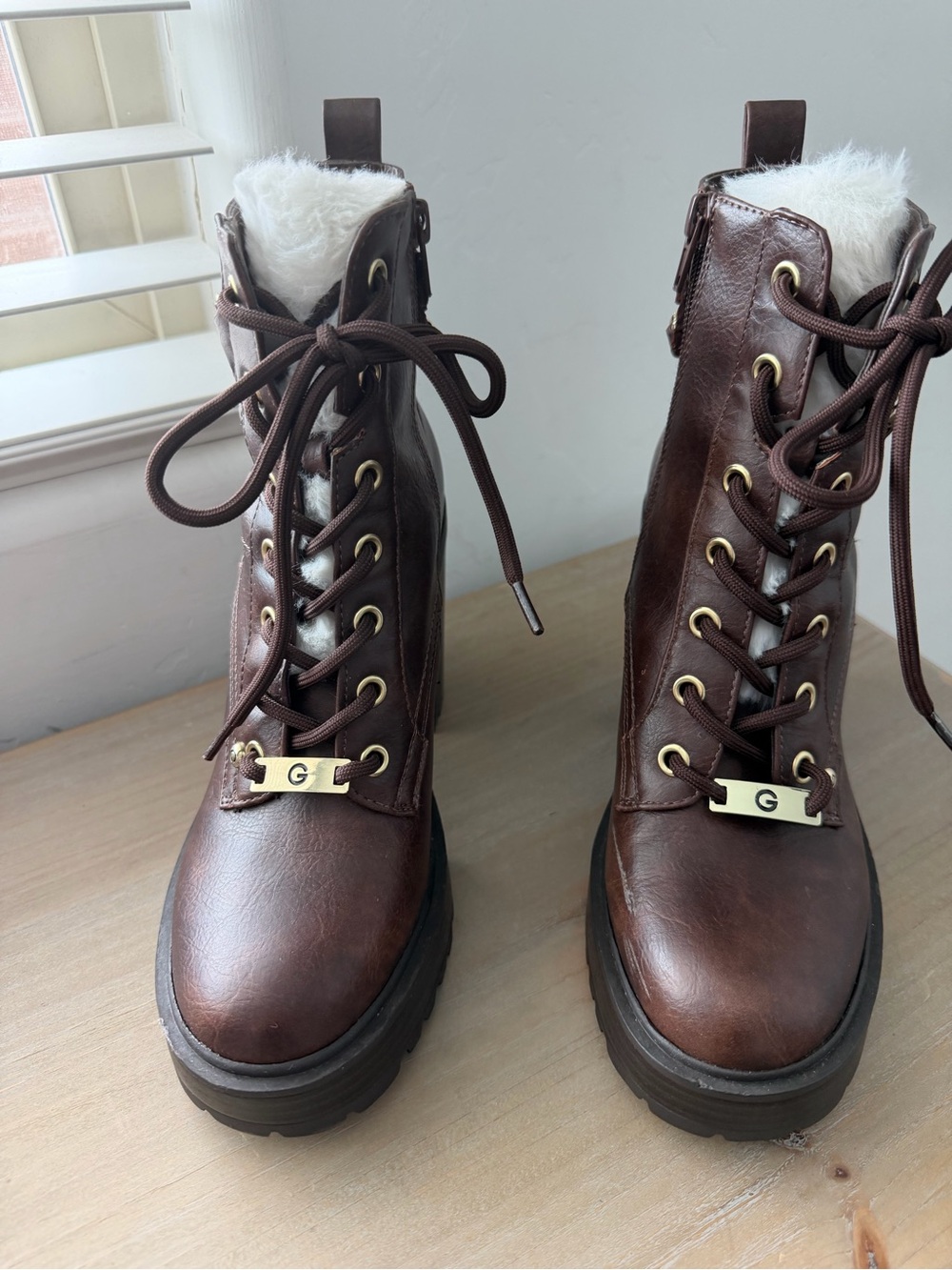 G by Guess Brown Lace-Up Faux Fur Combat Boots